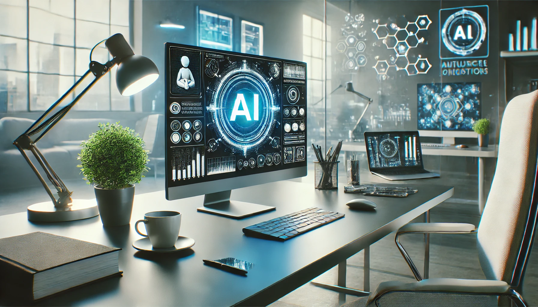 AI-driven content creation tools displayed on a modern computer screen in a sleek workspace